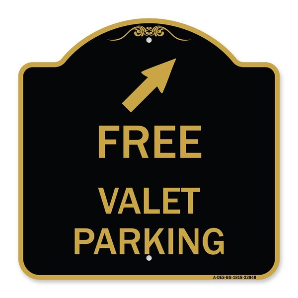 Signmission Free Valet Parking W/ Upper Right Arrow, Black & Gold Aluminum Sign, 18" x 18", BG-1818-23940 A-DES-BG-1818-23940 - main